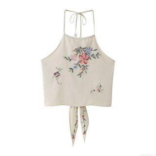 Women French Pastoral Style Embroidered Halter Neck Crop Top Sexy Backless Tie Camisole With Pearl Summer Polyester Cotton Linen Floral Tank Top Women French Pastoral Style Embroidered Halter Neck Crop Top Sexy Backless Tie Camisole With Pearl Summer Polyester Cotton Linen Floral Tank Top
