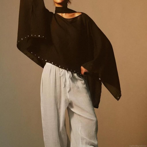 Women's Bohemian Loose Batwing Sleeve Blouse Scarf Neck Metal Rivet Design Top Summer Casual Halter Cape Style Polyester Shirt Solid Coffee Color