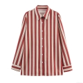Women's Striped Long Sleeve Blouse Polyester Lapel Shirt With Back Tie Waist Commuter Office Top Casual Slim Fit Vertical Stripe Button Down Shirt