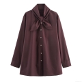 Women's Elegant Tie Neck Blouse Long Sleeve Single Breasted Shirt Loose Polyester Office Commuter Top With Gold Buttons British Style