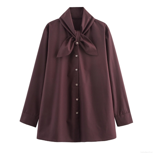Women's Elegant Tie Neck Blouse Long Sleeve Single Breasted Shirt Loose Polyester Office Commuter Top With Gold Buttons British Style