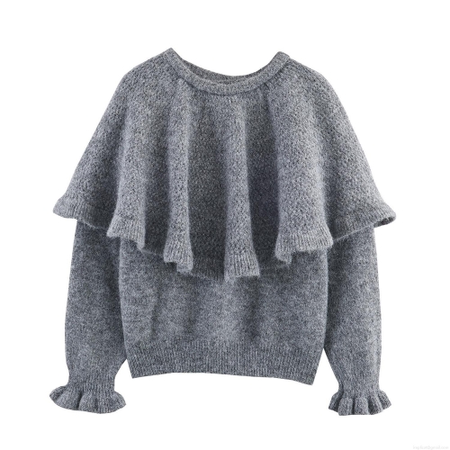 Women's Grey Ruffle Knit Sweater Hollow Out Round Neck Long Sleeve Pullover Soft Fuzzy Loose Fit Casual Tops For Autumn Winter Women's Grey Ruffle Knit Sweater Hollow Out Round Neck Long Sleeve Pullover Soft Fuzzy Loose Fit Casual Tops For Autumn Winter