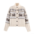 Women Christmas Reindeer Knit Cardigan Retro High Neck Button Up Long Sleeve Polyester Nordic Fair Isle Winter Warm Sweater Top For Ladies Xmas Holiday