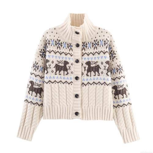 Women Christmas Reindeer Knit Cardigan Retro High Neck Button Up Long Sleeve Polyester Nordic Fair Isle Winter Warm Sweater Top For Ladies Xmas Holiday Women Christmas Reindeer Knit Cardigan Retro High Neck Button Up Long Sleeve Polyester Nordic Fair Isle Winter Warm Sweater Top For Ladies Xmas Holiday