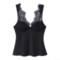 Women's Black Satin And Lace Patchwork Camisole Sexy Backless V-Neck Slim Tank Top With Adjustable Straps For Party Clubwear