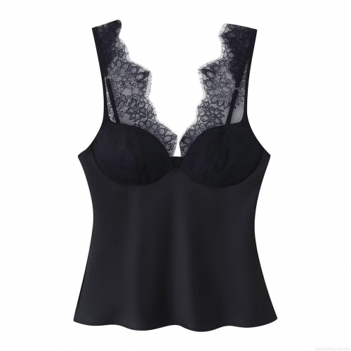 Women's Black Satin And Lace Patchwork Camisole Sexy Backless V-Neck Slim Tank Top With Adjustable Straps For Party Clubwear