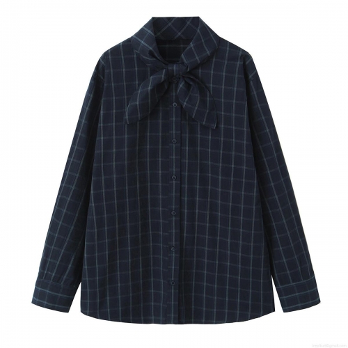Women's Plaid Long Sleeve Bow Tie Neck Shirt Oversized Boyfriend Style Poplin Blouse Casual Button Down Tops For Women
