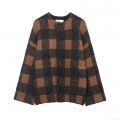 Women's Vintage Plaid Knitted Cardigan Sweater Jacket Fuzzy Boucle Single Button Round Neck Long Sleeve Loose Fit Casual Outerwear For Fall Winter