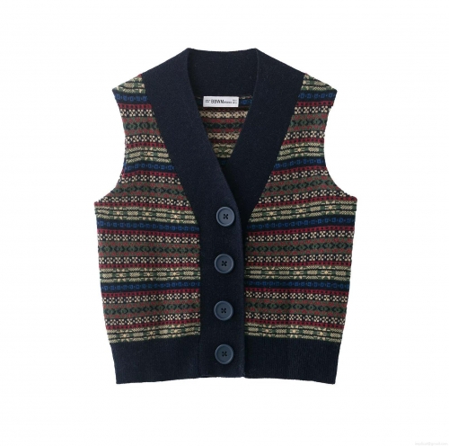 Women's Vintage Fair Isle Knit Vest V Neck Button Down Geometric Jacquard Sleeveless Sweater Cardigan Casual Retro Polyester Top