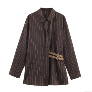Women's Striped Poplin Shirt With Side Buckle Straps Long Sleeve Lapel Collar Hidden Button Casual Loose Blouse For Ladies Autumn Fashion
