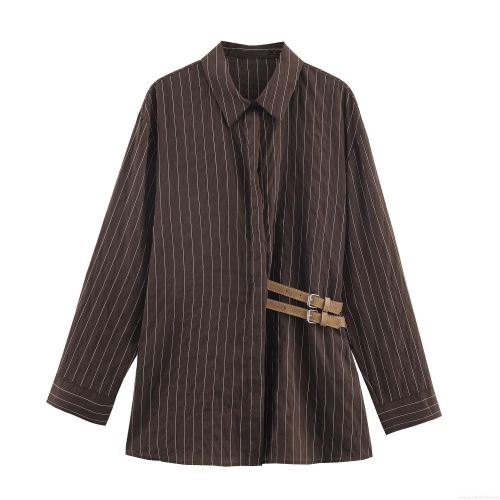 Women's Striped Poplin Shirt With Side Buckle Straps Long Sleeve Lapel Collar Hidden Button Casual Loose Blouse For Ladies Autumn Fashion