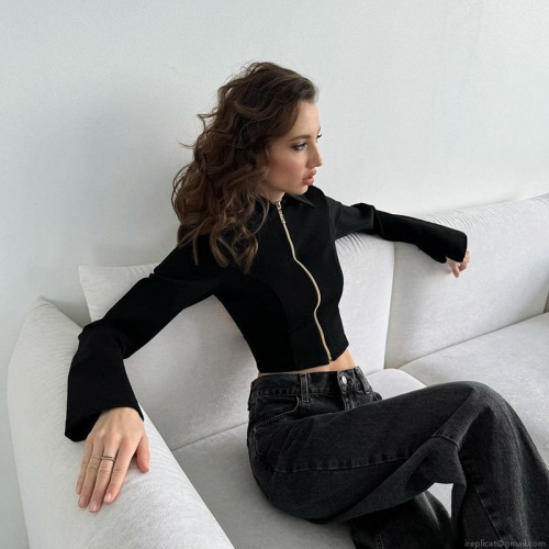 Women Sexy Backless Crop Top Long Sleeve Front Zipper Turn-down Collar Polyester Spandex Slim Fit American Style Spicy Girl Top