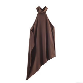 Women's Asymmetric Halter Top Sleeveless Satin Texture Solid Color Deep Brown Chic Streetwear Summer Party Crop Top For Ladies