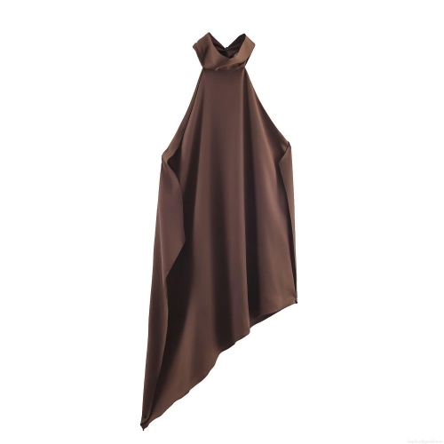 Women's Asymmetric Halter Top Sleeveless Satin Texture Solid Color Deep Brown Chic Streetwear Summer Party Crop Top For Ladies