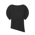 Women's Polyester Solid Color Asymmetrical T-Shirt Chic Bubble Sleeve Round Neck Top With Back Zipper Streetwear Casual Blouse For Women