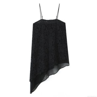 Women's Sexy Black Floral Lace Patchwork Camisole With Asymmetric Hem Adjustable Spaghetti Strap Tank Top For Summer Streetwear Women's Sexy Black Floral Lace Patchwork Camisole With Asymmetric Hem Adjustable Spaghetti Strap Tank Top For Summer Streetwear