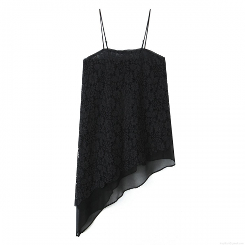 Women's Sexy Black Floral Lace Patchwork Camisole With Asymmetric Hem Adjustable Spaghetti Strap Tank Top For Summer Streetwear