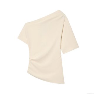 Women's Sexy Off Shoulder Pleated T-Shirt Asymmetric Slim Fit Short Sleeve Satin Wrinkle Top Solid Color Beige Casual Streetwear For Lady