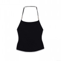 Women Sexy Backless Halter Knit Tank Top With Silver Metal Beads Decoration Plain Black Sleeveless Slim Cami Top For Party Clubwear