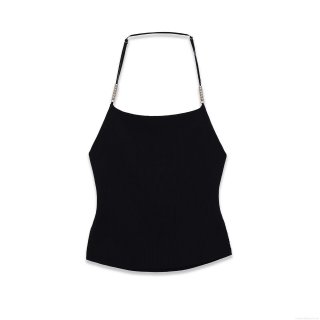 Women Sexy Backless Halter Knit Tank Top With Silver Metal Beads Decoration Plain Black Sleeveless Slim Cami Top For Party Clubwear