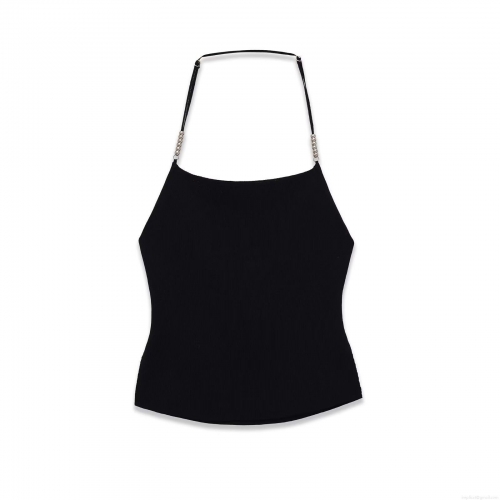 Women Sexy Backless Halter Knit Tank Top With Silver Metal Beads Decoration Plain Black Sleeveless Slim Cami Top For Party Clubwear
