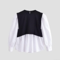 Women Fashion Fake Two-Piece T-Shirt Long Lantern Sleeve Polyester Color Block Stitching Top Streetwear Occident Style Casual Mock Neck Long Sleeve Tee For Women
