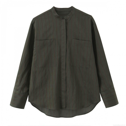 Women's Striped Long Sleeve Stand Collar Shirt Casual Loose Polyester Contrast Striped Top With Double Pockets Streetwear Fashion Blouse For Ladies