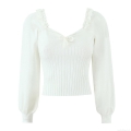 Women's Ruffle Square Neck Knit Sweater Pullover Wool Blend Ribbed Long Sleeve Top With Bow Tie Solid White Casual Streetwear Autumn Winter