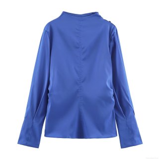 Women's Elegant Pleated Satin Blouse Polyester Long Sleeve Stand Collar Side Decorative Buttons Solid Blue Daily Streetwear Party Top Spring Autumn Apparel