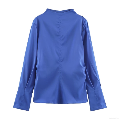 Women's Elegant Pleated Satin Blouse Polyester Long Sleeve Stand Collar Side Decorative Buttons Solid Blue Daily Streetwear Party Top Spring Autumn Apparel