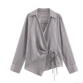 Women's Striped Long Sleeve Blouse Lace-up Drawstring V-Neck Shirt Casual Asymmetric Hem Polyester Top for Daily Commute Western Street Style