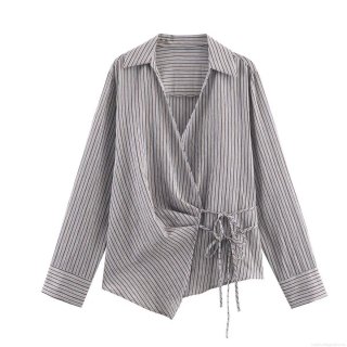 Women's Striped Long Sleeve Blouse Lace-up Drawstring V-Neck Shirt Casual Asymmetric Hem Polyester Top for Daily Commute Western Street Style