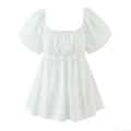 French Retro White Cotton Embroidery Blouse Square Neck Puff Sleeve Smocked Babydoll Shirt Sweet Summer Floral Tops For Women