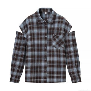 Women's Sexy Cold Shoulder Plaid Blouse Long Sleeve Button Up Shirt Casual Loose Fit Streetwear Polyester Top Brown Blue Check