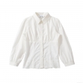 Women Long Sleeve Shirt Polyester Solid White Lapel Button Down Embroidery Hollow Hem Blouse Casual Streetwear Top Autumn Ladies Clothing
