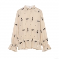 Women Sequin Floral Chiffon Blouse Elegant Stand Collar Long Flare Sleeve Ruffle Hem Pullover Streetwear Beige Tops