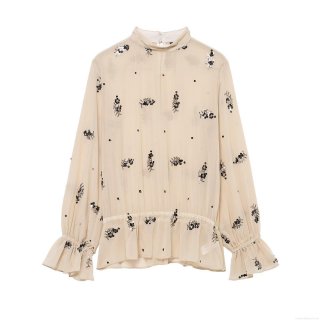 Women Sequin Floral Chiffon Blouse Elegant Stand Collar Long Flare Sleeve Ruffle Hem Pullover Streetwear Beige Tops