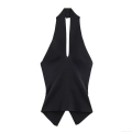 Women Halter Neck Knit T-Shirt Sleeveless V-Neck Ruched Single Breasted Irregular Hem Sexy Summer Streetwear Fashion Ribbed Slim Fit Camisole Top