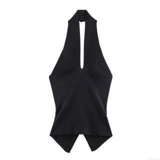 Women Halter Neck Knit T-Shirt Sleeveless V-Neck Ruched Single Breasted Irregular Hem Sexy Summer Streetwear Fashion Ribbed Slim Fit Camisole Top
