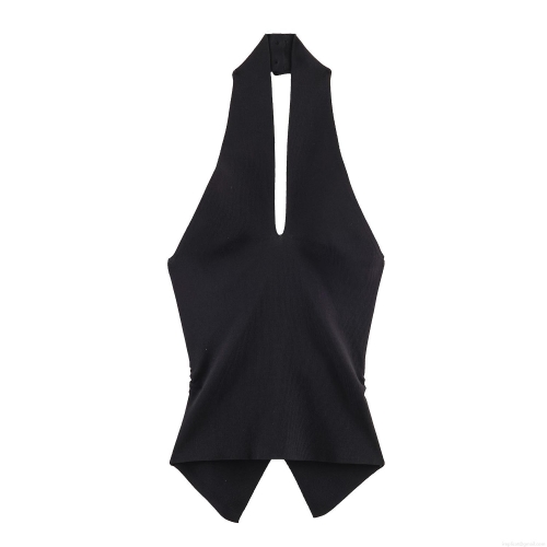 Women Halter Neck Knit T-Shirt Sleeveless V-Neck Ruched Single Breasted Irregular Hem Sexy Summer Streetwear Fashion Ribbed Slim Fit Camisole Top
