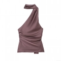 Women's Sexy Asymmetric One Shoulder Halter T-Shirt Satin Texture Backless Ruched Sleeveless Purple Slim Fit Top Fashion Streetwear Elegant Polyester Blouse