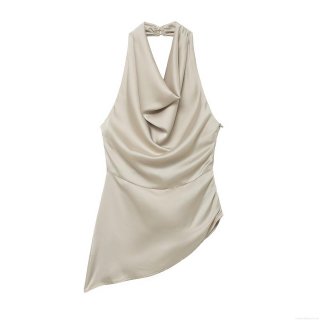 Women's Sexy Halter Cowl Neck Satin Polyester Blend Camisole Top Asymmetric Hem Backless Sleeveless Champagne Beige Silk Texture Streetwear Party Tank Top