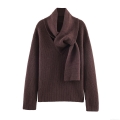 Women Pullover Knitted Sweater With Scarf Collar European Style Solid Color Ribbed Long Sleeve Jumper For Autumn Winter Casual Streetwear