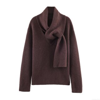 Women Pullover Knitted Sweater With Scarf Collar European Style Solid Color Ribbed Long Sleeve Jumper For Autumn Winter Casual Streetwear