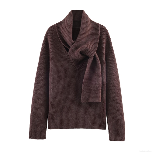 Women Pullover Knitted Sweater With Scarf Collar European Style Solid Color Ribbed Long Sleeve Jumper For Autumn Winter Casual Streetwear