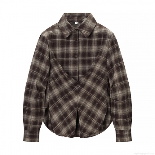 Women's Plaid Button Down Shirt Long Sleeve Polyester Collared Blouse Vintage Streetwear Casual Tops For Autumn Winter Brown Grey