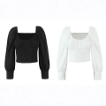 Women Vintage Square Neck Puff Sleeve Blouse Smocked Bodice Decorative Buttons Slim Fit Polyester Rayon Cotton Top French Style Shirt