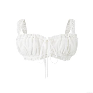 Women's Sexy Lace Up Ruched Camisole Cotton Blend Ruffle Trim Slim Fit Crop Top Sleeveless Solid White Summer Tank Top For Casual Vacation