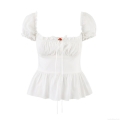 Women's White Puff Sleeve Blouse Polyester French Vintage Square Neck Slim Fit Peplum Top With Red Rose Bow Detail Back Lace Up Summer Cottagecore Shirt