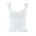 Women French Vintage Square Neck Camisole White Cotton Blend Ruffle Lace Trim Button Down Smocked Back Crop Top for Summer Vacation